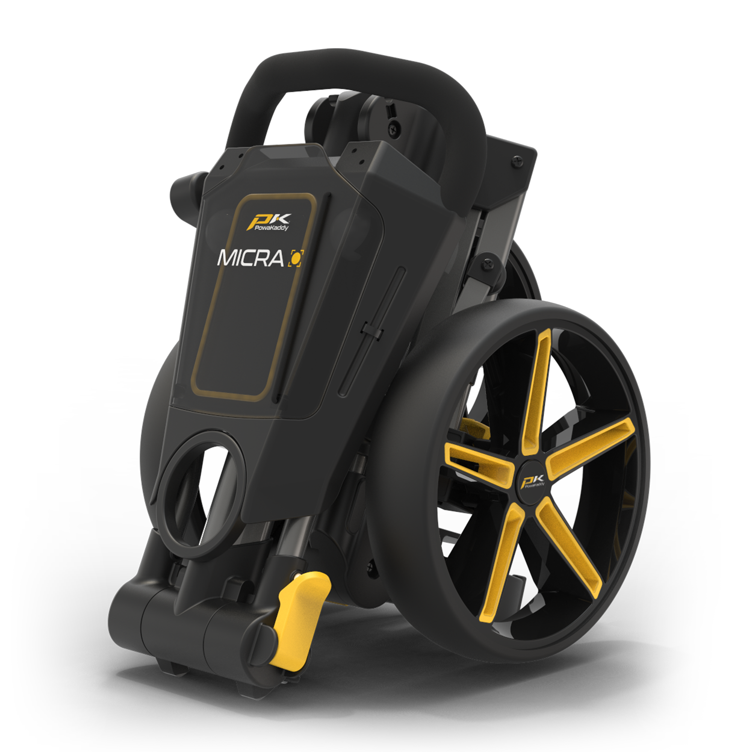 PowaKaddy Micra Push Cart 3/4 Yellow Folded